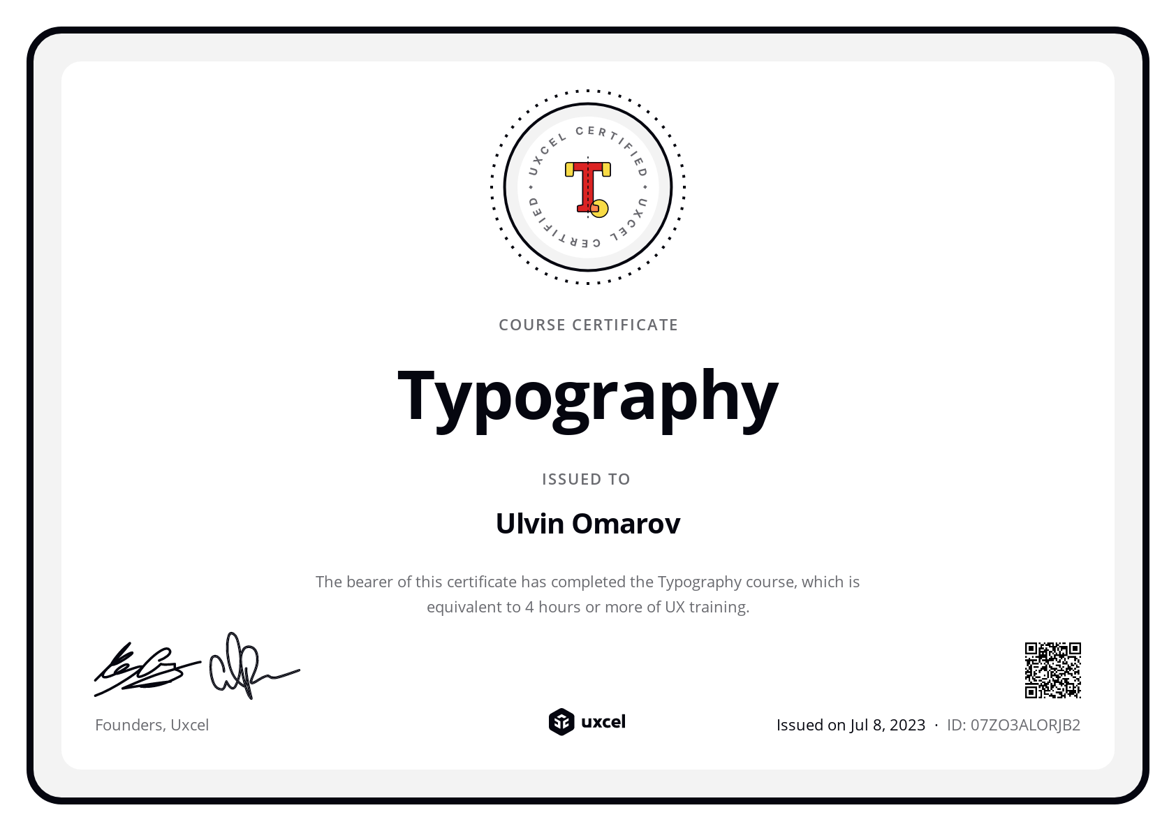 Ulvin Omarov's certificate
